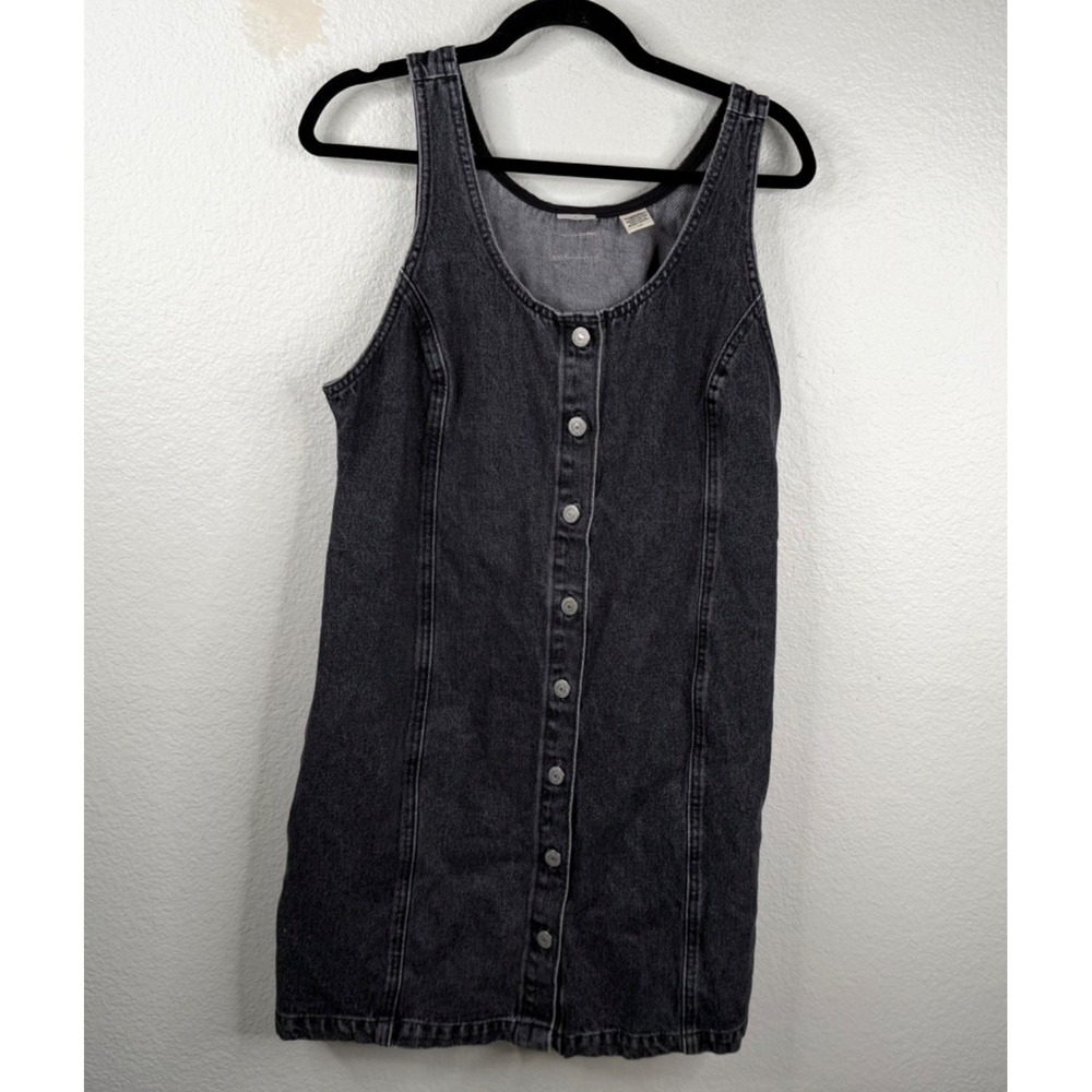 Levi's Denim Mini Dress Black Stonewash Sz L Sleeveless 90's Grunge Button